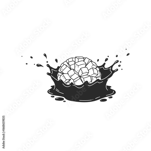 Splashing ice cube ball in water - black and white minimalist drawing