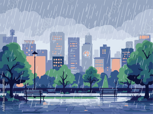 urban city landscape in rain