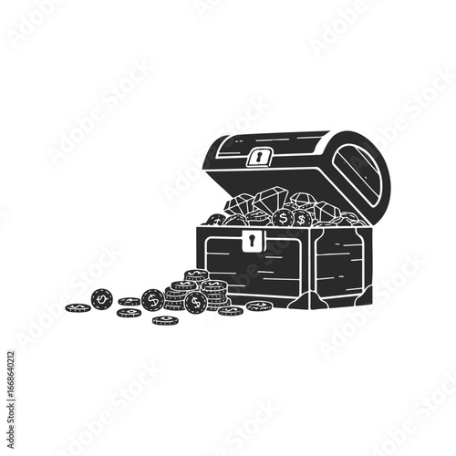 Open treasure chest filled with coins and gems in black and white illustration