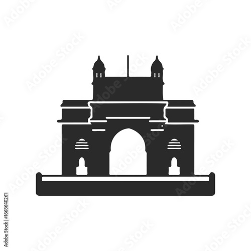 Black and white silhouette of gateway of india icon on white background