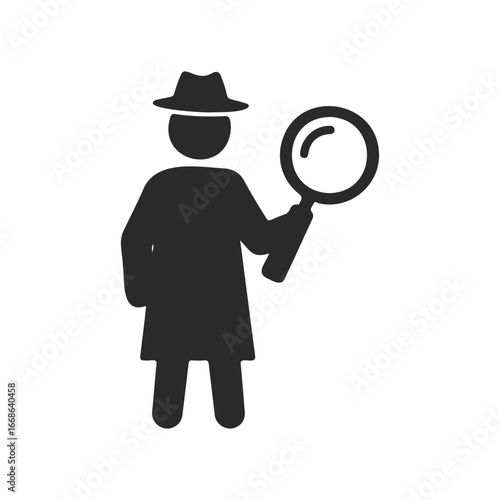 Detective icon with magnifying glass on white background