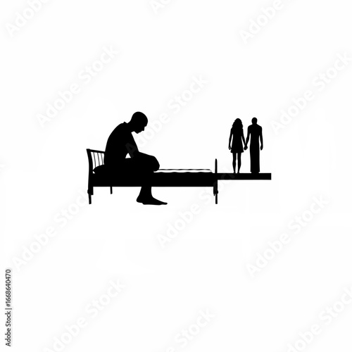 Man sitting by mother s bed tired friends outside silhouette isolated on white background