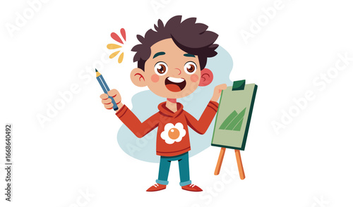 Happy young artist holding a brush ready to paint on an easel