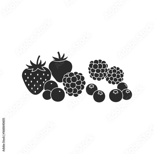Black and white silhouette of assorted berries: strawberries, blackberries, raspberries, blueberries, currants
