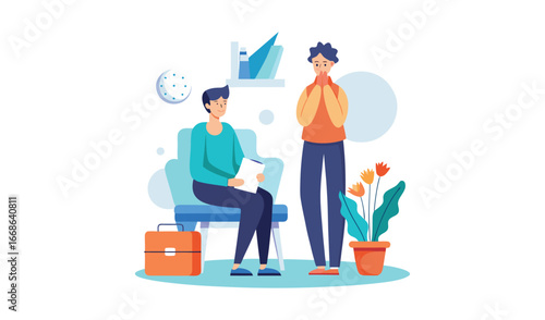 Two people waiting in a doctor s office with a plant and briefcase