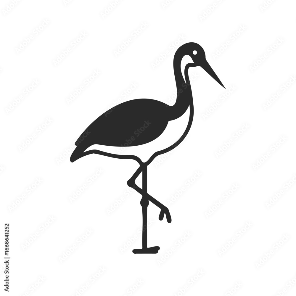 Obraz premium Silhouette of a standing crane bird on one leg in profile view