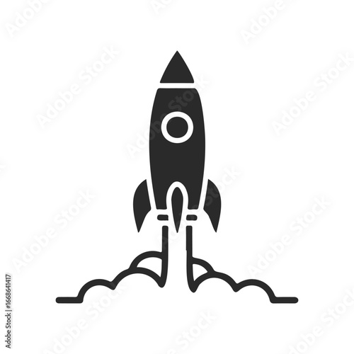 Minimalist rocket silhouette launching into space with smoke trail