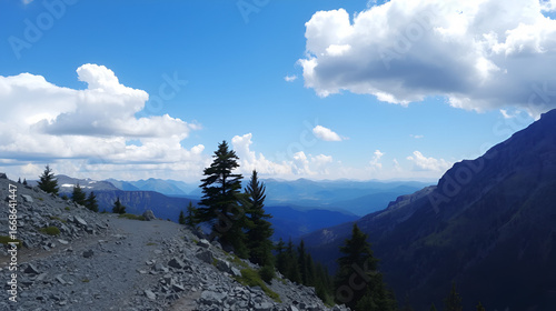 Mountainous landscape with a rocky path and pine trees under a bright blue sky dotted with fluffy clouds in a vast outdo