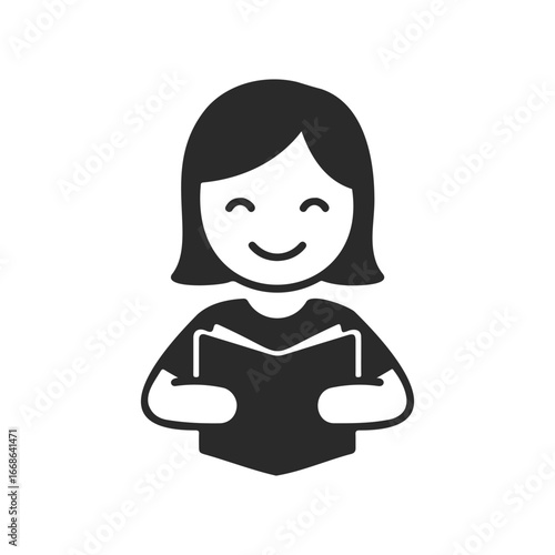 Smiling female child icon reading a book in black and white design