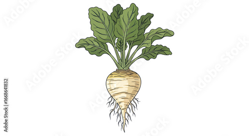 Freshly harvested root vegetable with vibrant green leaves illustration.