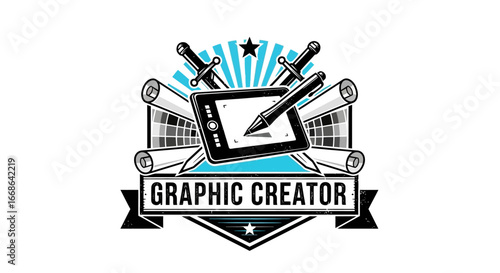 Modern graphic design insignia reflecting artistic skill and digital innovation, featuring essential tools like a tablet and stylus for creative projects