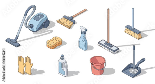 Isometric Cleaning Tools Vacuum, Broom, Mop, Bucket, Spray Bottle, and Gloves