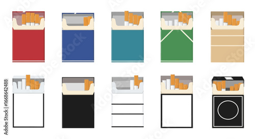 Vector illustration set of various open cigarette boxes, symbolizing the choices and dangers of a nicotine addiction and a smoking habit