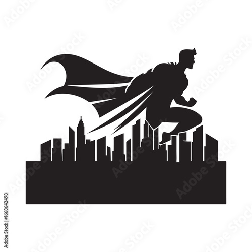 superhero pose vector silhouette clip art logo design illustration. superhero city sports icon collections.