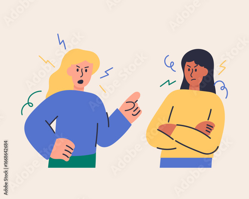 Flat cartoon illustration of two women having an argument, conflict and communication concept