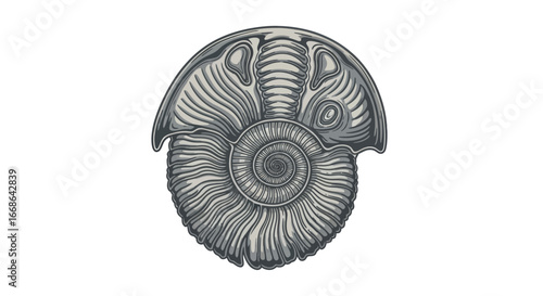 Detailed Ammonite Fossil Illustration Grayscale.