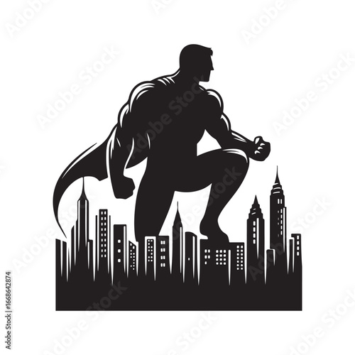 superhero pose vector silhouette clip art logo design illustration. superhero city sports icon collections.