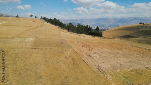 Drone view of an andean shepherd herding sheep on the peruvian puna.