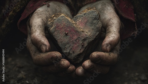 Rough hands holding a heart-shaped stone