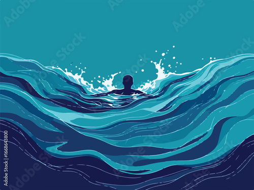 Swimmer Battling Large Ocean Waves
