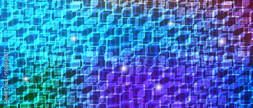 Vector abstract futuristic cubic background. Glowing colorful crystal different cubes. Bright energy wallpaper. Many transparent glass 3d figures. Wide banner