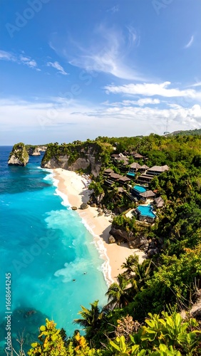 Tropical beach resort overlooking turquoise ocean