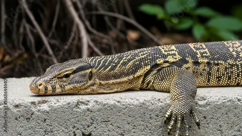 A detailed closeup captures a monitor lizard resting on a textured concrete surface, showcasing its intricate black and yellow patterned skin and sharp claws