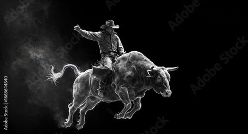 Cowboy riding a bull in a dramatic black and white setting  