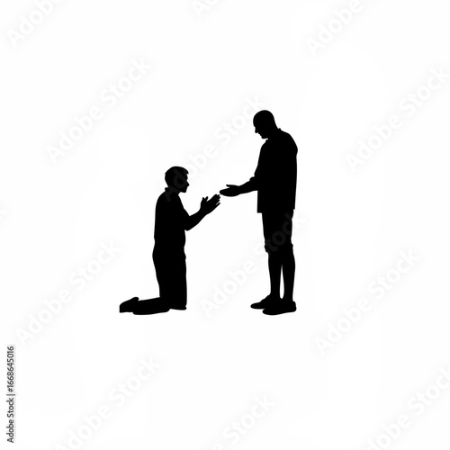 Silhouette of a man humbly asking for a job from a shopkeeper isolated on white background