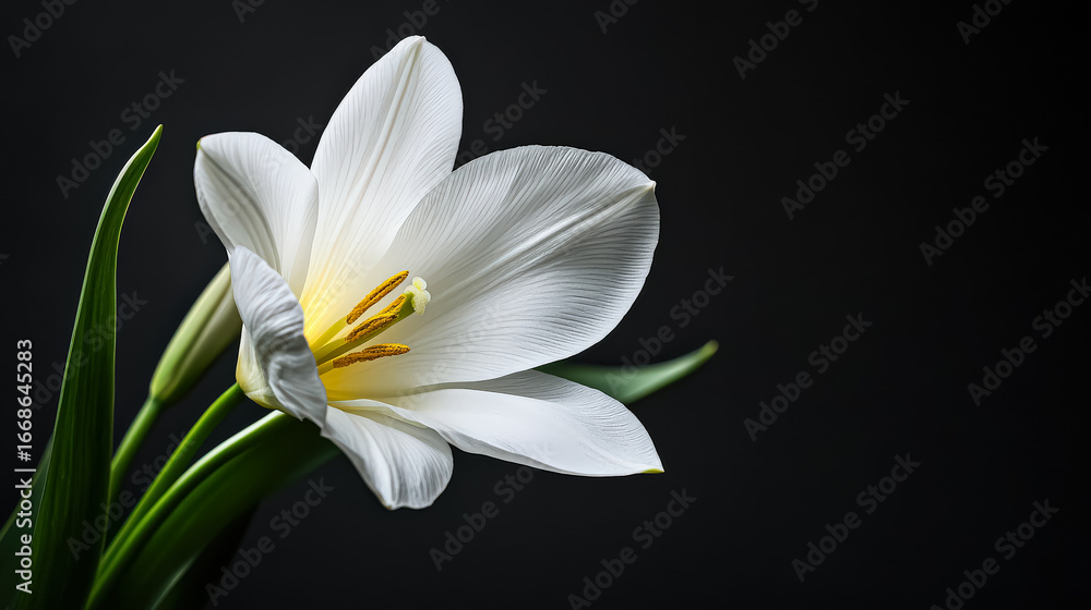 Obraz premium White flower with yellow center is the main focus of the image