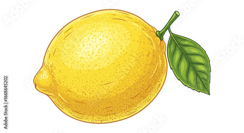 A single ripe yellow lemon with a green leaf attached to its stem.