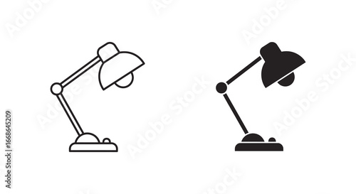 Simple desk lamp illustrations in line and solid styles side by side