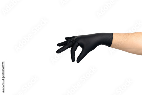 Pinching hand wearing black glove isolated on white background with clipping path.