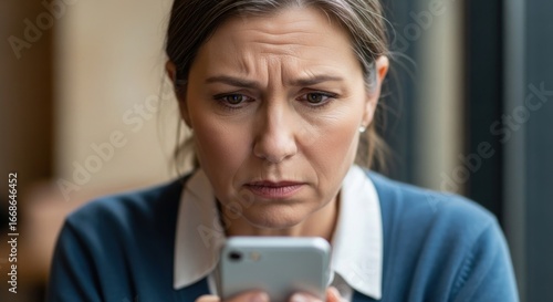 Close-up of a woman looking intently at a phone, her expression troubled