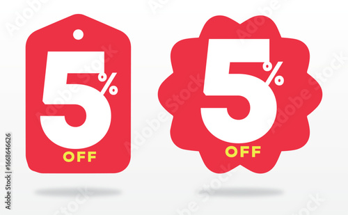 5% off. Special offer, day, sticker, tag, label. Promotional poster, price, value, sign, store, market. Advertising, sales, shop, product. Set, icon, vector