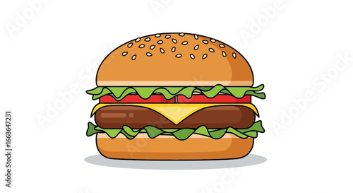 Delicious hamburger with sesame seed bun, fresh lettuce, ripe tomato, melted cheese, and a juicy patty, perfect for a satisfying meal