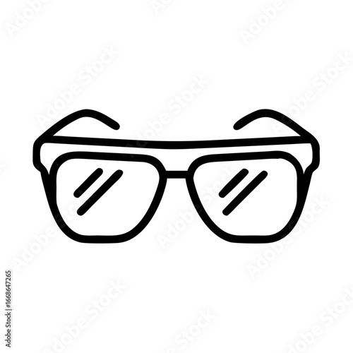 Illustration of black outlined sunglasses with a thick frame and reflection on the lenses view front