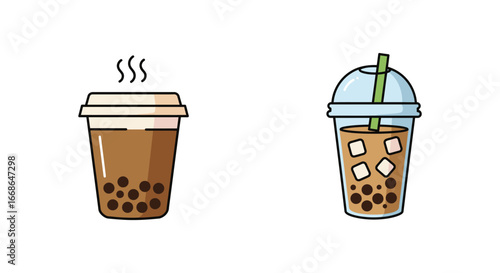 Boba tea drinks in disposable cups with lids and straws