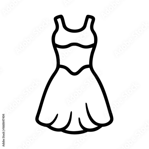 Illustration of a sleeveless dress with a fitted bodice and a flared skirt in black outline style