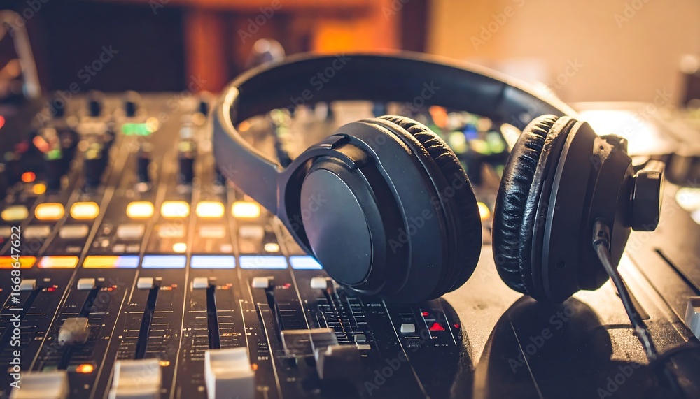 Naklejka premium Headphones Resting on a Mixer with Warm Ambient Light