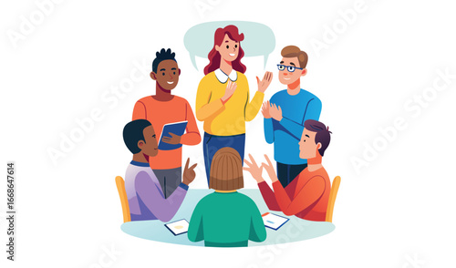 Diverse group of young adults collaborating and discussing ideas in a circle