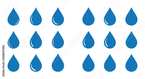 a collection of blue water droplets on a white background
