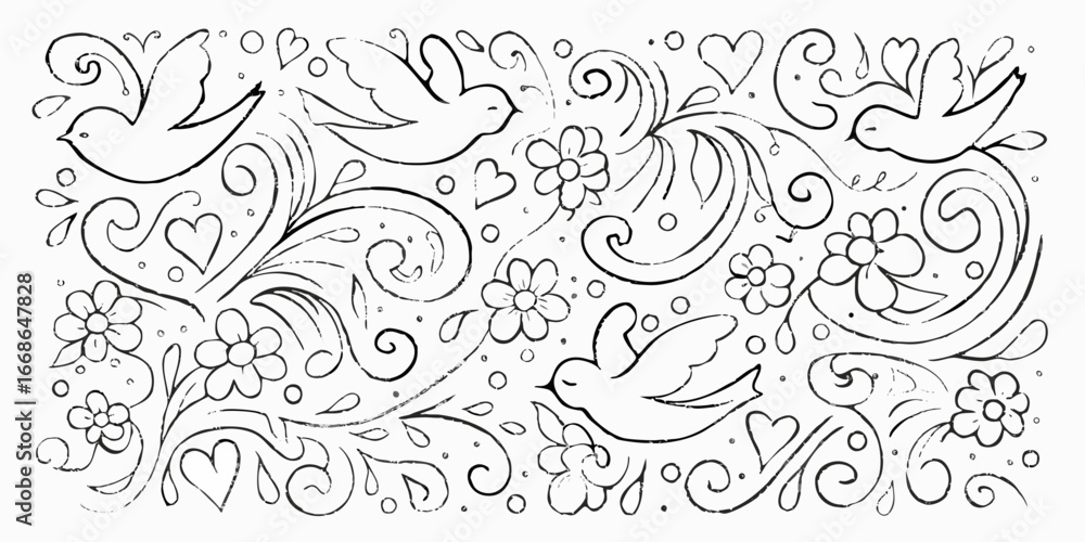 Fototapeta premium Ornate Black and White Design with Birds and Flowers