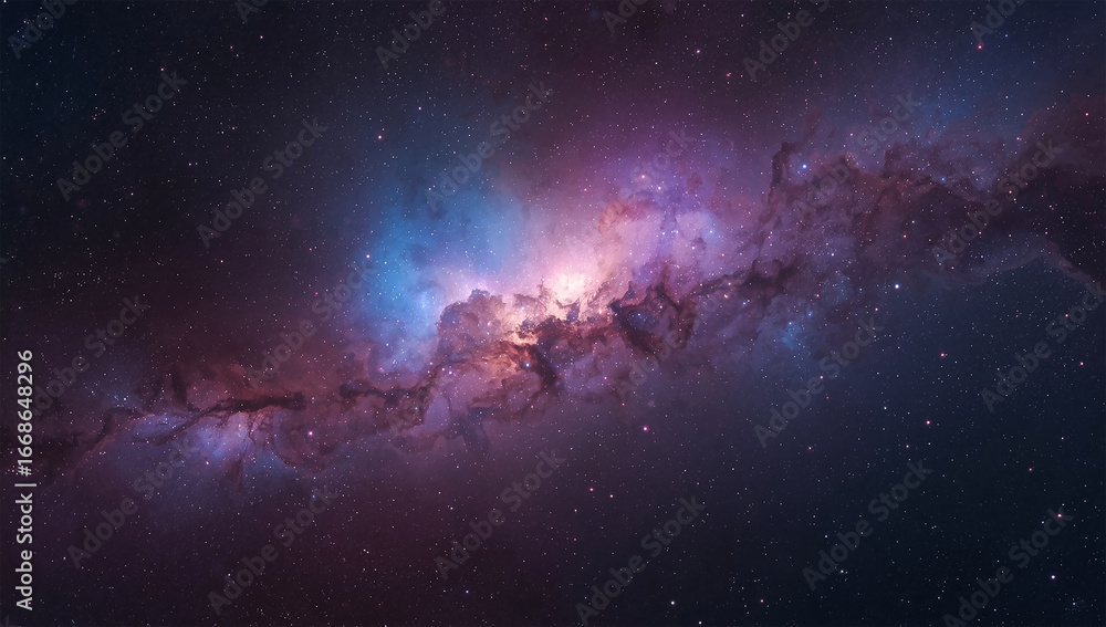 Naklejka premium Colorful Galaxy and Nebula in Outer Space, Purple and Blue Cosmic Clouds with Stars, Deep Universe Background, Stunning Astronomy and Science Fiction Sky for Cosmic Design and Exploration