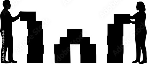  a group of people stacking blocks, symbolizing building success, on a white background.