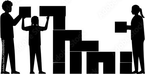 a group of people stacking blocks, symbolizing building success, on a white background.