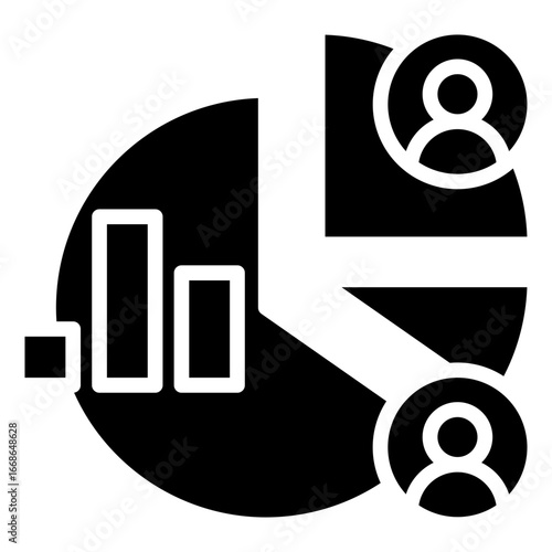 Data Analytics Glyph Black Silhouette Icon Design Vector - pie chart with user icons, symbolizing customer data analytics and market segmentation