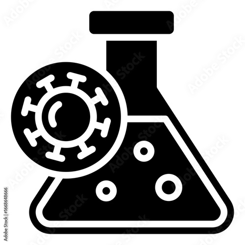 Disease Research Glyph Black Silhouette Icon Design Vector - Laboratory flask with virus symbol representing infectious disease research