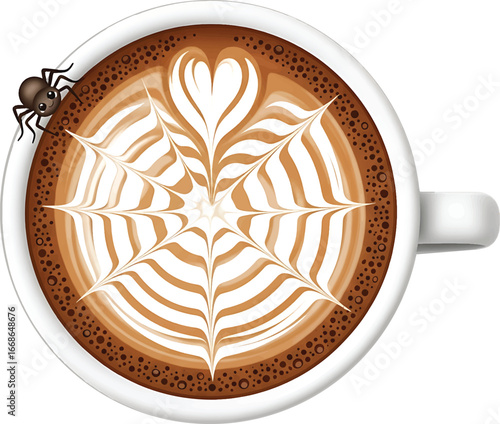 Coffee Cup with Spider Web Foam Art Vector Illustration