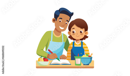 Father and daughter cooking together reading recipe book